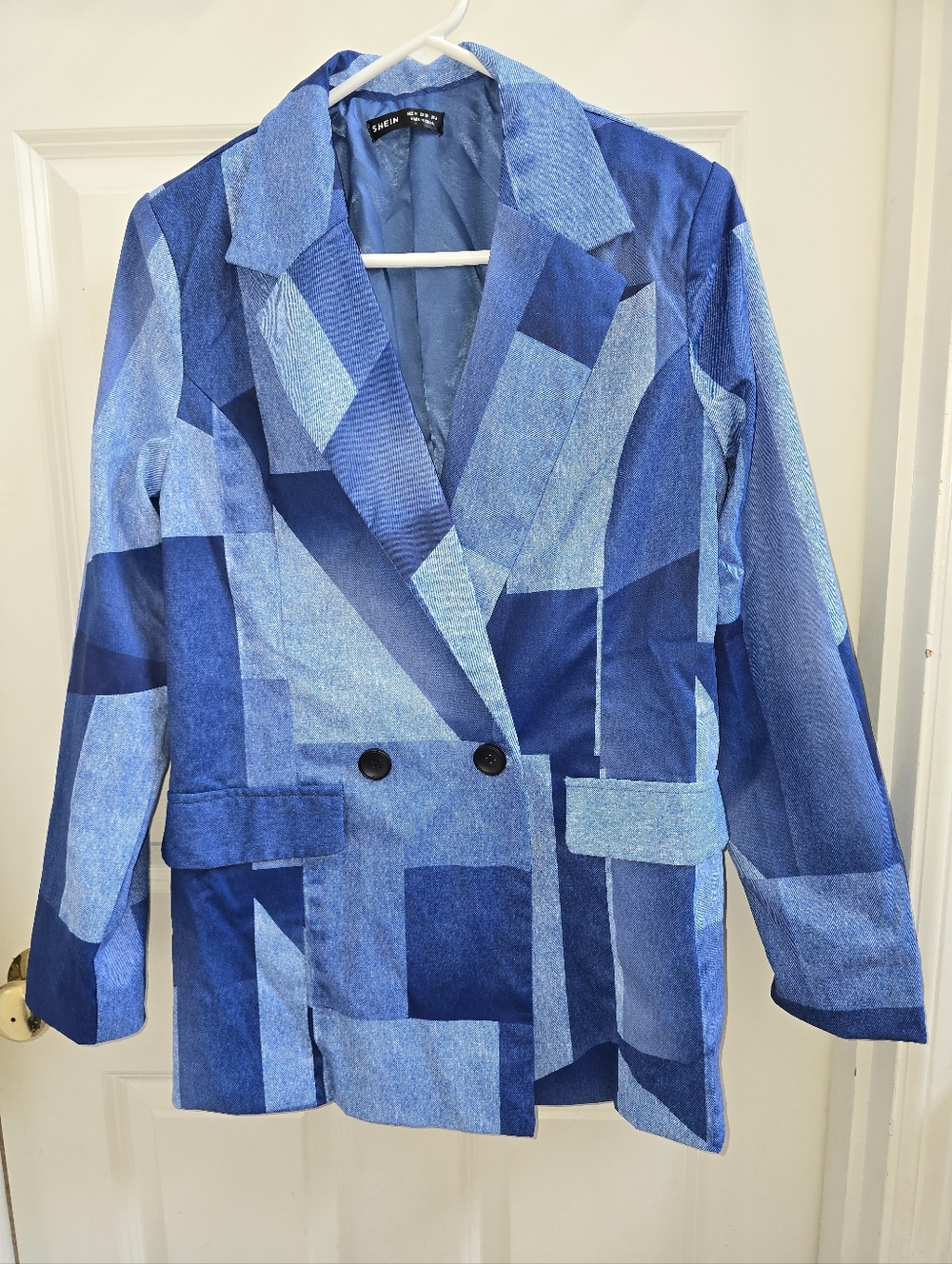 SHEIN  Blue Geometric Patchwork Blazer NWOT Size M